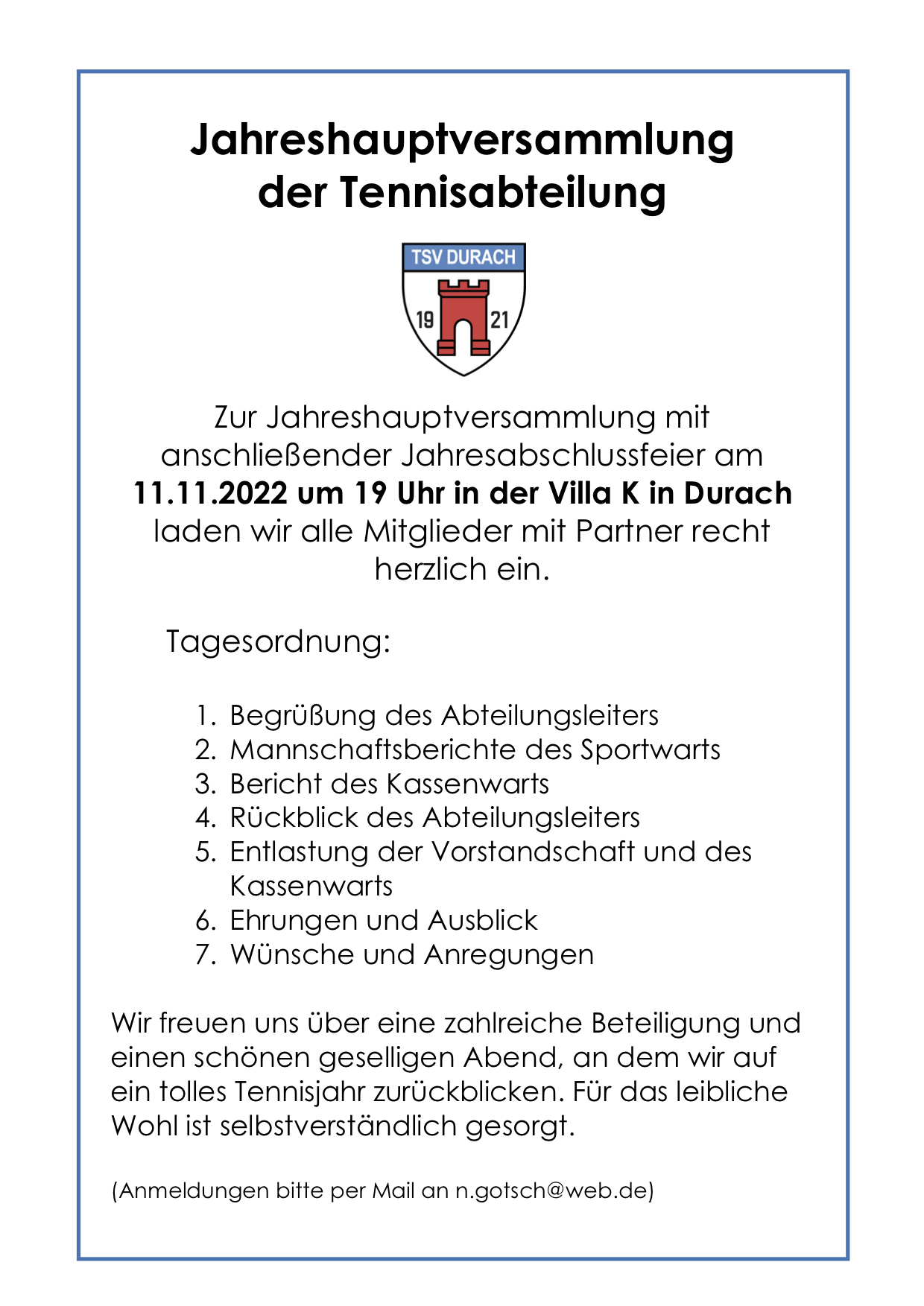 Einladung Jahreshauptversammlung 2022